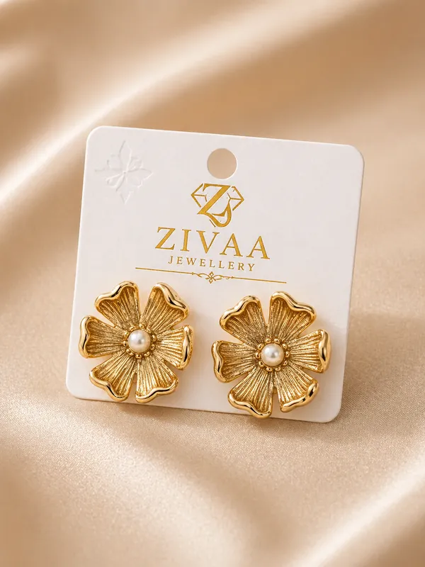 Gold_Toned_Brass_Flower_Stud_Earrings_With_Pearl_Centre