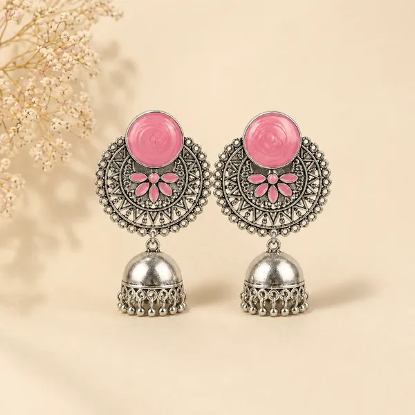 Ethnic_Silver_Toned_Brass_Jhumka_Earrings_With_Pink_Floral_Design