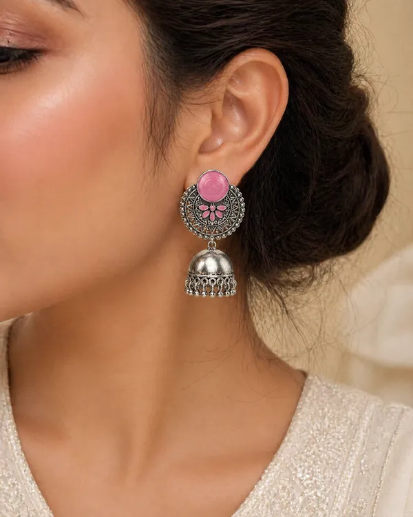 Ethnic_Silver_Toned_Brass_Jhumka_Earrings_With_Pink_Floral_Design