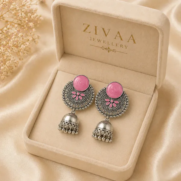 Ethnic_Silver_Toned_Brass_Jhumka_Earrings_With_Pink_Floral_Design