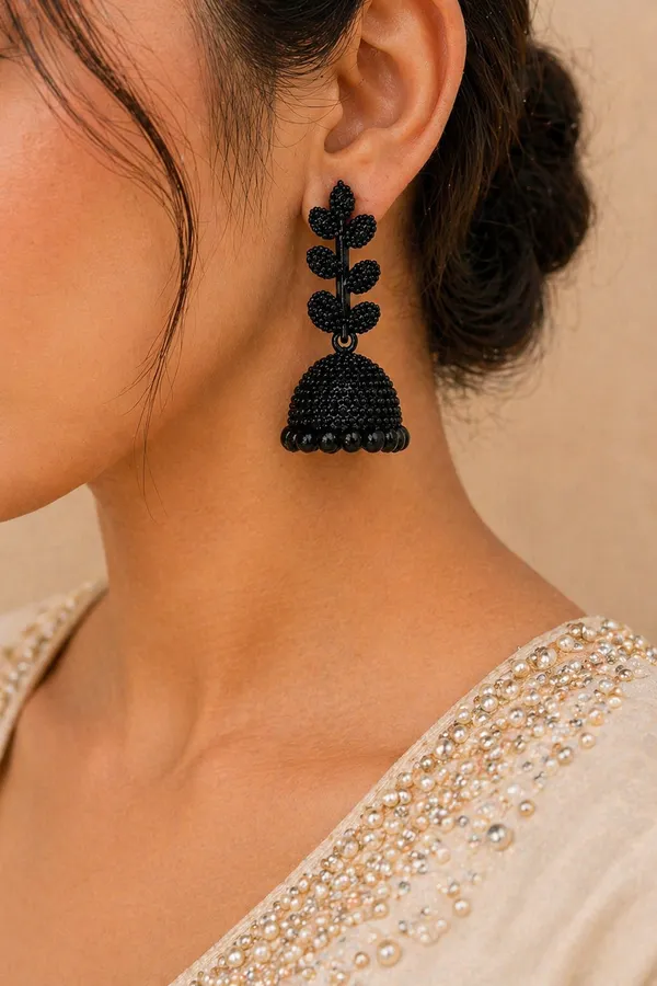Traditional_Black_Beaded_Jhumka_Earrings_With_Leaf_Design