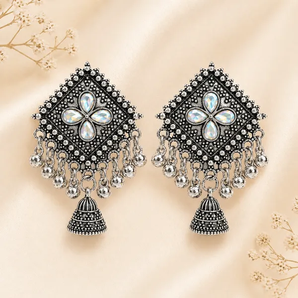 Oxidized_Silver_Tone_Jhumka_Earrings_With_Diamond_Shaped_Studs_And_Floral_Detailing