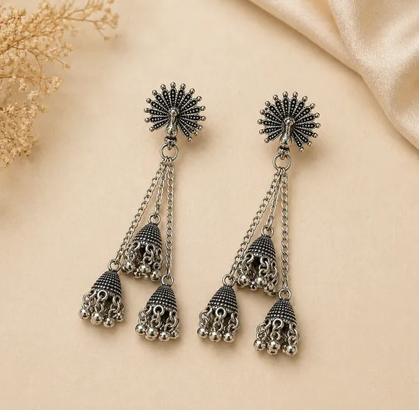 Oxidized_Silver_Toned_Brass_Peacock_Jhumka_Earrings_With_Dual_Chain_Drop_Bells
