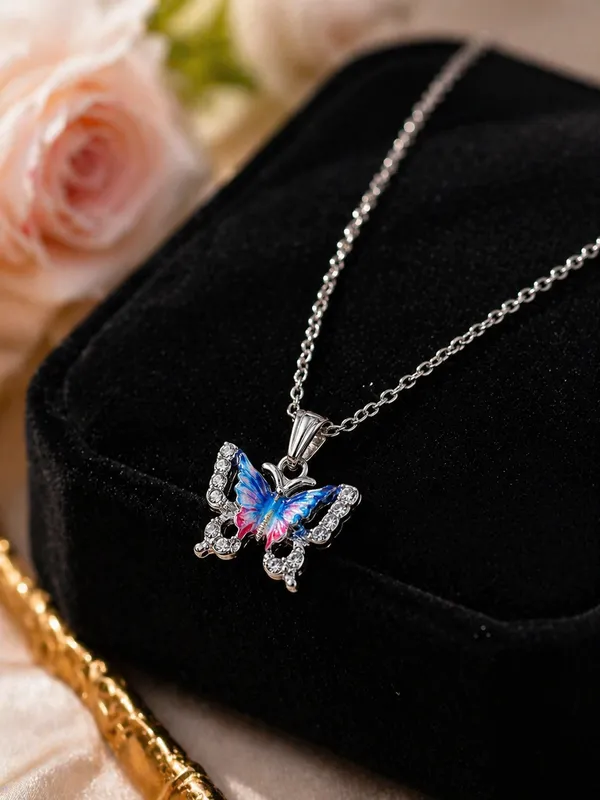 Colourful_Butterfly_Brass_Pendant_Necklace_With_Silver_Toned_Chain