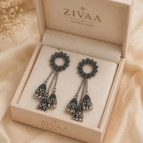 Oxidized_Silver_Toned_Brass_Tone_Floral_Tassel_Earrings