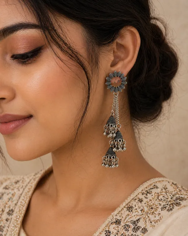 Oxidized_Silver_Toned_Brass_Tone_Floral_Tassel_Earrings
