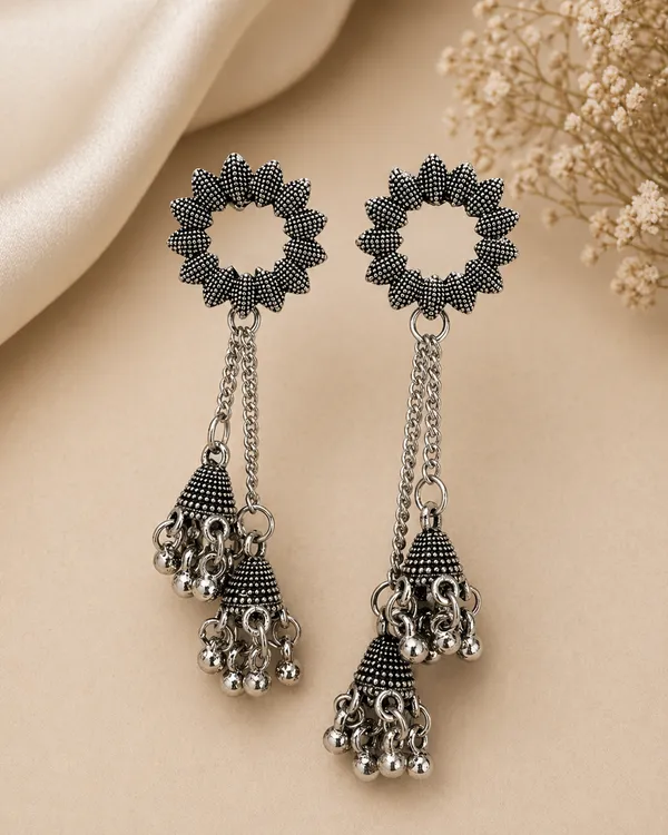 Oxidized_Silver_Toned_Brass_Tone_Floral_Tassel_Earrings