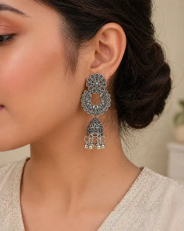 Oxidized_Silver_Toned_Brass_Floral_Jhumka_Earrings_With_Dome_Drop_Design