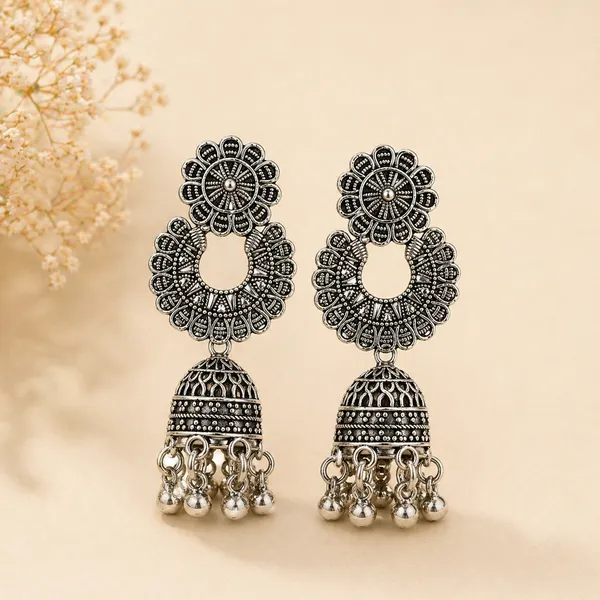 Oxidized_Silver_Toned_Brass_Floral_Jhumka_Earrings_With_Dome_Drop_Design