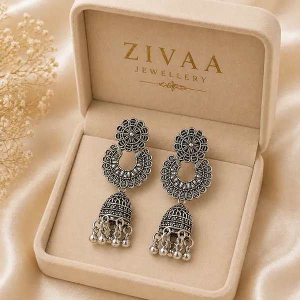 Oxidized_Silver_Toned_Brass_Floral_Jhumka_Earrings_With_Dome_Drop_Design