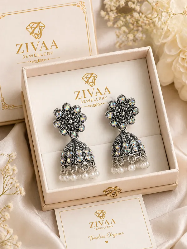 Oxidized_Silver_Toned_Brass_Jhumka_Earrings_With_Iridescent_Stones_And_Pearl_Dangles