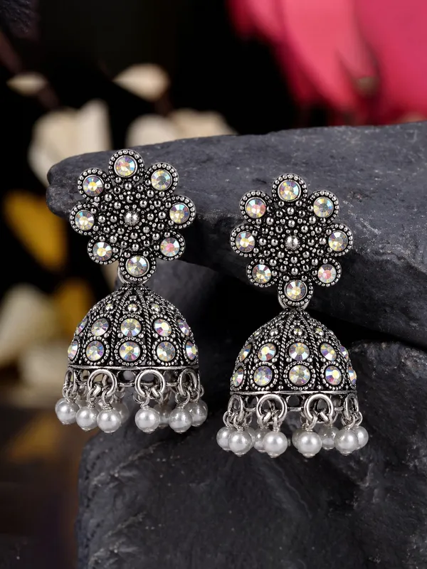 Oxidized_Silver_Toned_Brass_Jhumka_Earrings_With_Iridescent_Stones_And_Pearl_Dangles