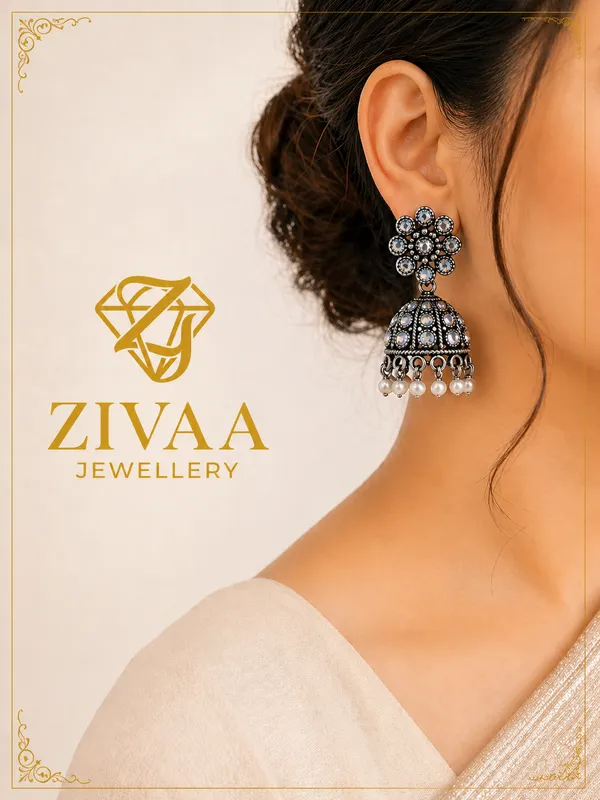 Oxidized_Silver_Toned_Brass_Jhumka_Earrings_With_Iridescent_Stones_And_Pearl_Dangles