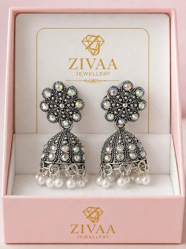 Oxidized_Silver_Toned_Brass_Jhumka_Earrings_With_Iridescent_Stones_And_Pearl_Dangles