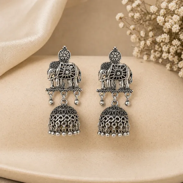 Traditional_Silver_Toned_Brass_Elephant_Jhumka_Earrings_With_Chain_Design