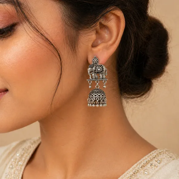 Traditional_Silver_Toned_Brass_Elephant_Jhumka_Earrings_With_Chain_Design