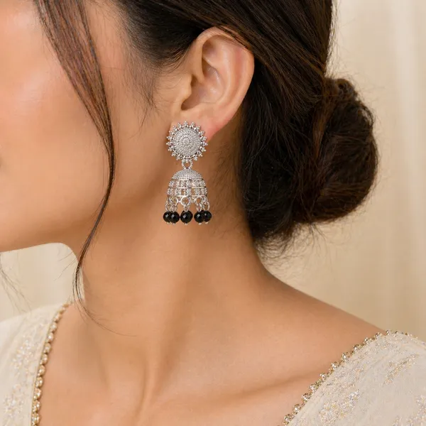 Silver_Toned_Brass_Jhumka_Earrings_With_Black_Beads