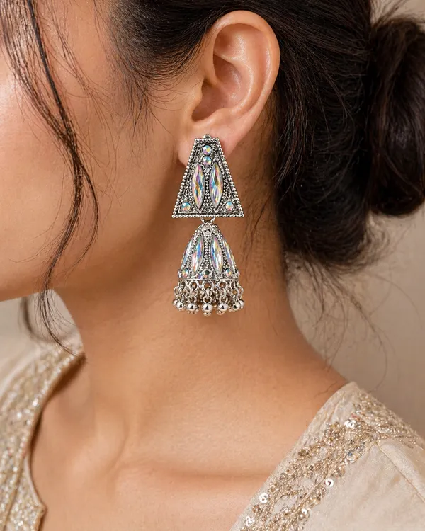 Elegant_Silver_Toned_Brass_Triangle_Jhumka_Earrings_With_Iridescent_Crystals