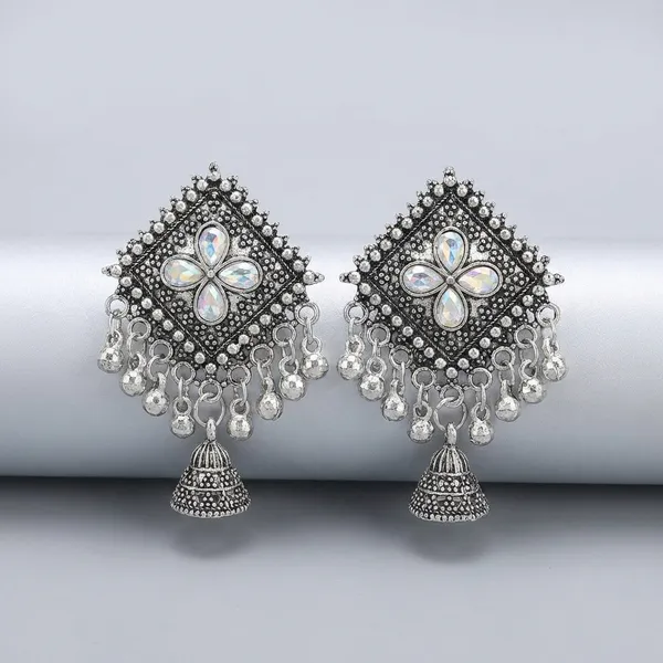 Oxidized_Silver_Tone_Jhumka_Earrings_With_Diamond_Shaped_Studs_And_Floral_Detailing
