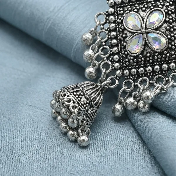 Oxidized_Silver_Tone_Jhumka_Earrings_With_Diamond_Shaped_Studs_And_Floral_Detailing