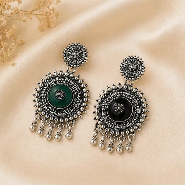 Ethnic_Oxidized_Silver_Toned_Brass_Toned_Circular_Dangler_Earrings_With_Green_Stone_Accent