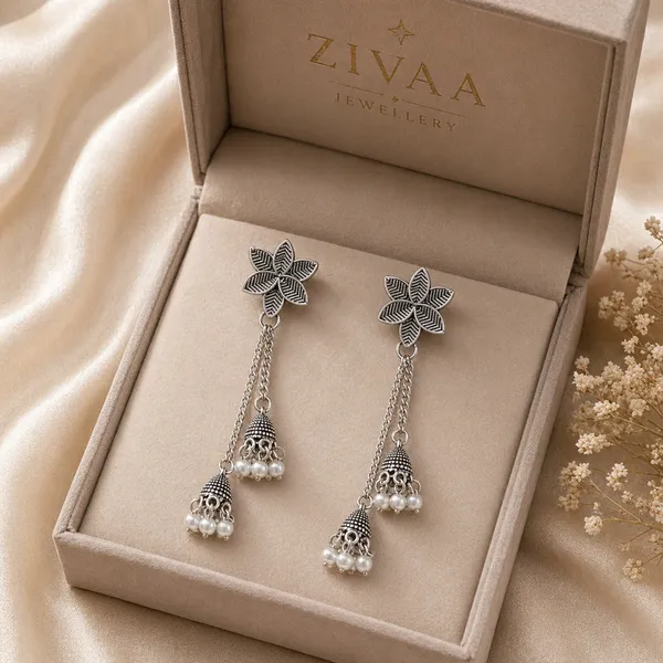 Floral_Oxidized_Silver_Jhumka_Earrings_With_Pearl_Drops
