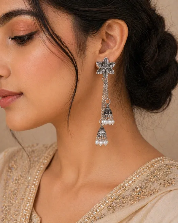 Floral_Oxidized_Silver_Jhumka_Earrings_With_Pearl_Drops