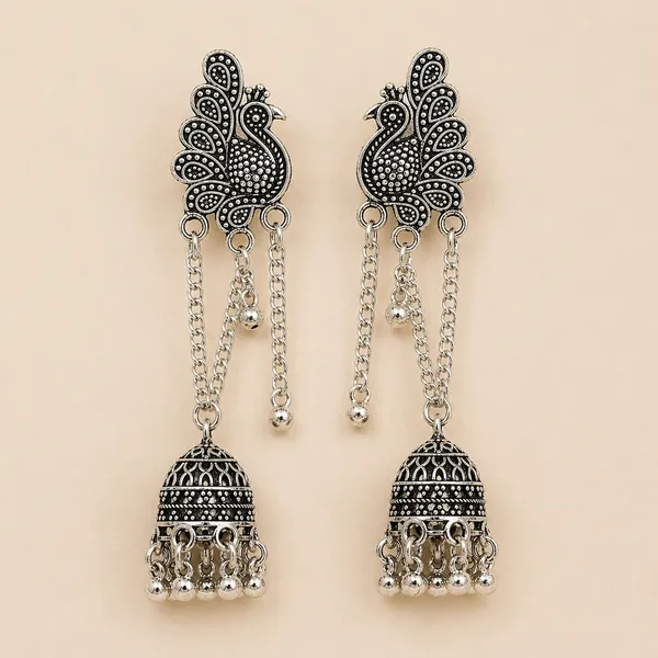 Oxidized_Silver_Toned_Brass_Peacock_Jhumka_Earrings_With_Chain