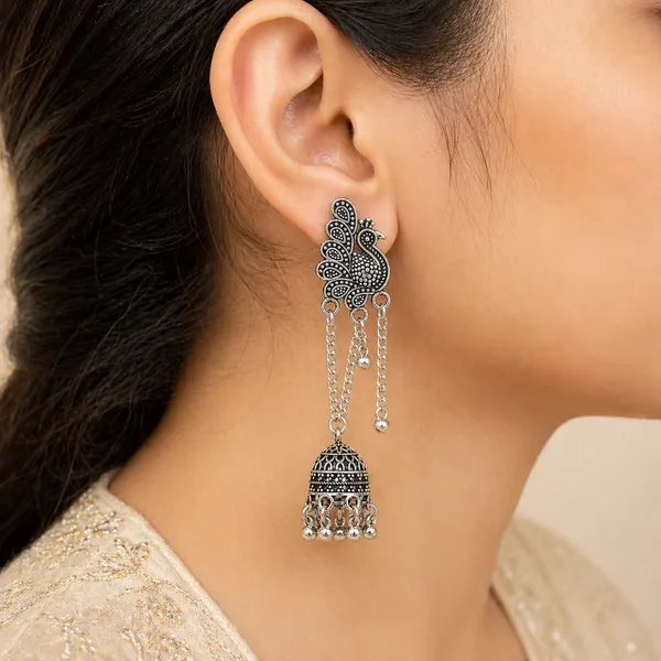 Oxidized_Silver_Toned_Brass_Peacock_Jhumka_Earrings_With_Chain