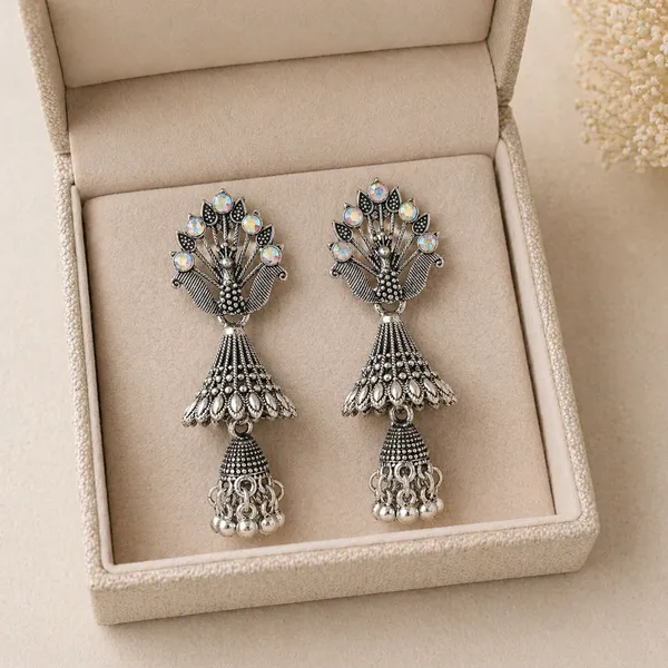 Oxidized_Silver_Toned_Brass_Peacock_Jhumka_Earrings_With_Iridescent_Stones