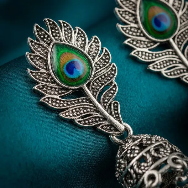 Peacock_Feather_Oxidized_Silver_Toned_Brass_Jhumka_Earrings_With_Green_Stone