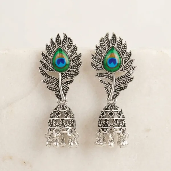 Peacock_Feather_Oxidized_Silver_Toned_Brass_Jhumka_Earrings_With_Green_Stone