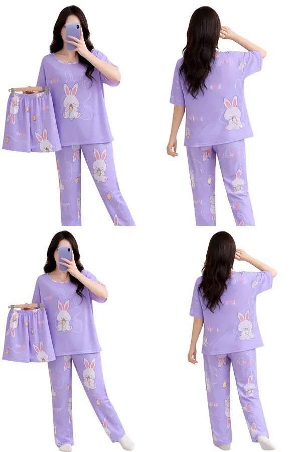Lavender_Purple_Bunny_Print_Cotton_Pajama_Set_For_Women