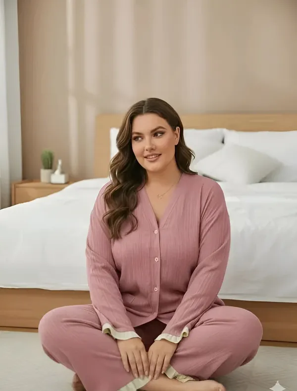 Women_Dusty_Pink_Pajama_Set_With_Cream_Ruffle_Trim