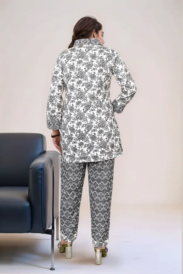 White_And_Black_Floral_Print_Co-Ord_Set_With_Mandarin_Collar