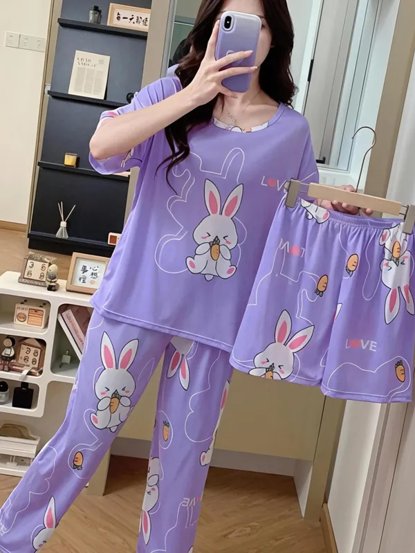 Lavender_Purple_Bunny_Print_Cotton_Pajama_Set_For_Women
