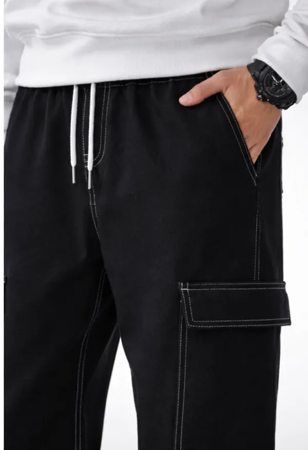 Boys_Black_Cargo_Pants_With_White_Contrast_Stitching_And_Drawstring_Waist