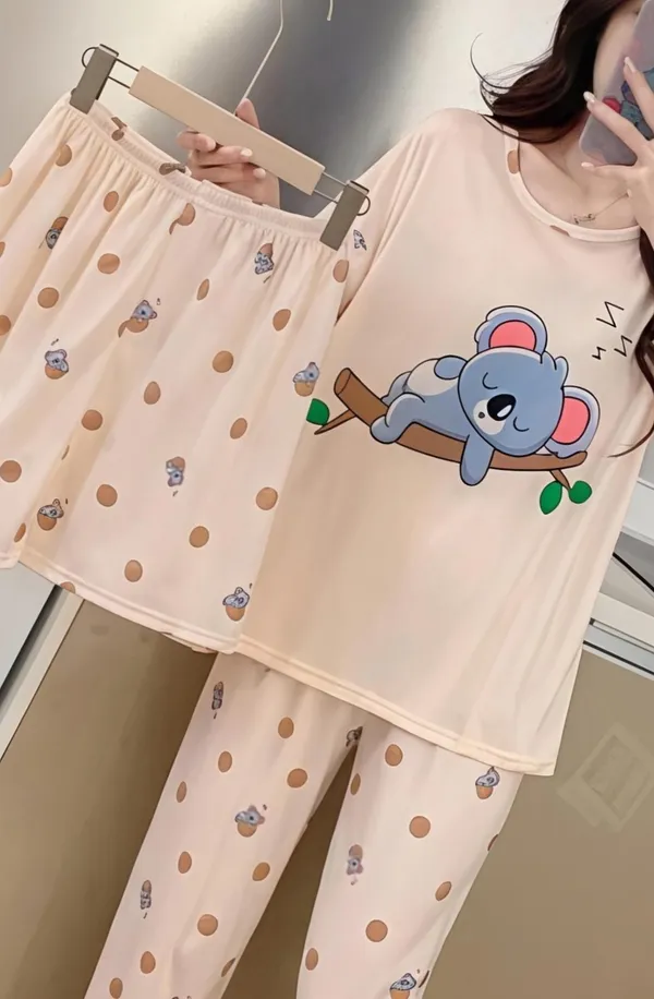 Women_Koala_Print_Sleepwear_Pajama_Set_-_3-Piece_Nightwear_Combo