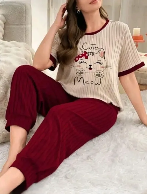 Women_Cute_Meow_Cat_Print_Pajama_Set_-_Beige_&_Maroon
