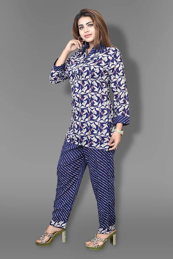 Navy_Blue_Floral_Print_Cotton_Kurta_And_Striped_Pants_Set