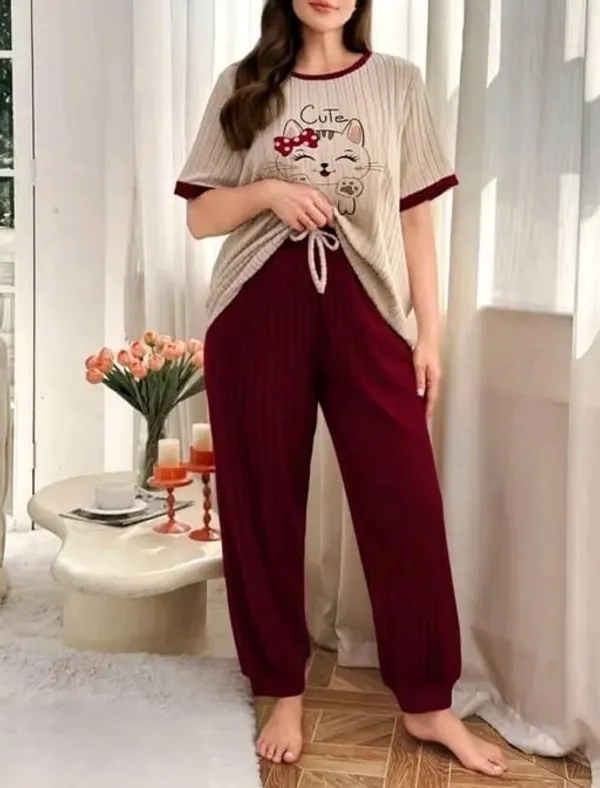 Women_Cute_Meow_Cat_Print_Pajama_Set_-_Beige_&_Maroon