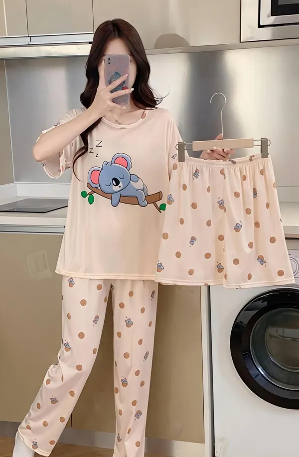 Women_Koala_Print_Sleepwear_Pajama_Set_-_3-Piece_Nightwear_Combo