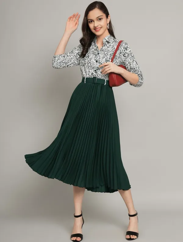 Green_Pleated_Midi_Skirt_With_Sequin_Shirt_Outfit_Set_And_Girls_Pleated_Midi_Skirt_With_Sequin_Shirt_-_Maroon_Pack_Of_2