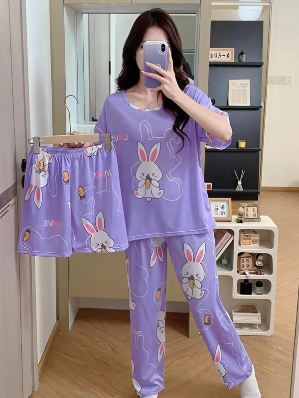 Lavender_Purple_Bunny_Print_Cotton_Pajama_Set_For_Women