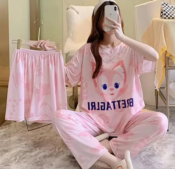 Pink_Cat_Print_Pajama_Set_For_Women