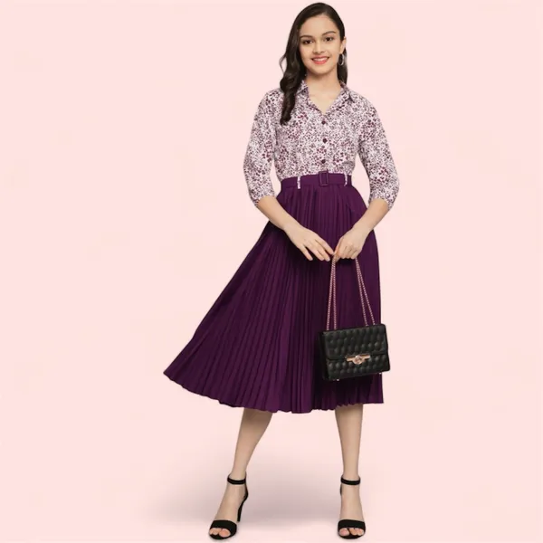 Purple_Floral_Print_Belted_Pleated_Midi_Skirt_With_Shirt_And_Girls_Mustard_Yellow_Crop_Jacket_With_Zip_Closure_Pack_Of_2