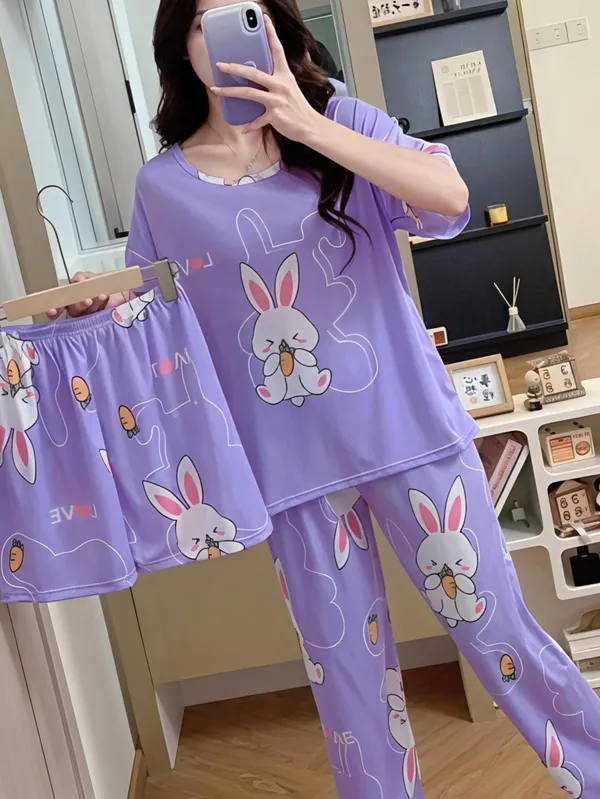 Lavender_Purple_Bunny_Print_Cotton_Pajama_Set_For_Women