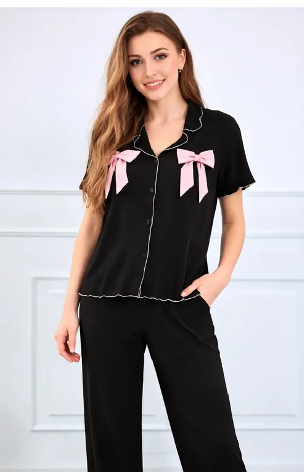 Women_Black_Pajama_Set_With_Pink_Bow_Detail
