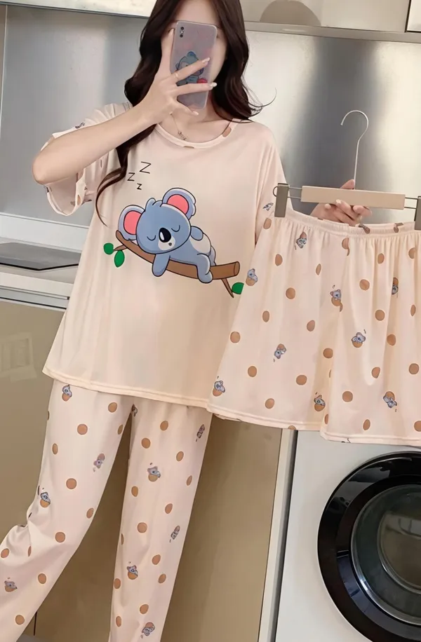 Women_Koala_Print_Sleepwear_Pajama_Set_-_3-Piece_Nightwear_Combo