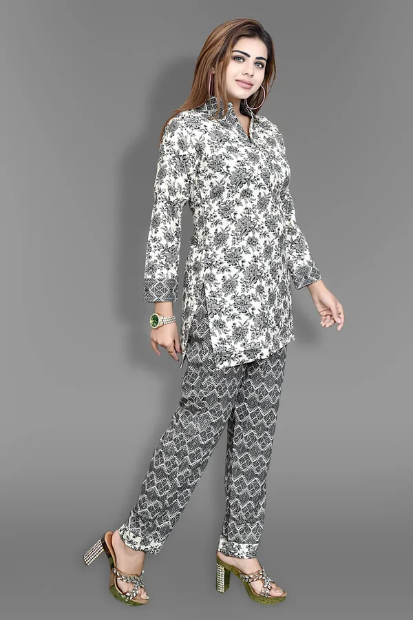 White_And_Black_Floral_Print_Co-Ord_Set_With_Mandarin_Collar